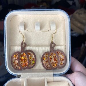 Wooden Pumpkin Earrings with Orange Metallic Details, NEW